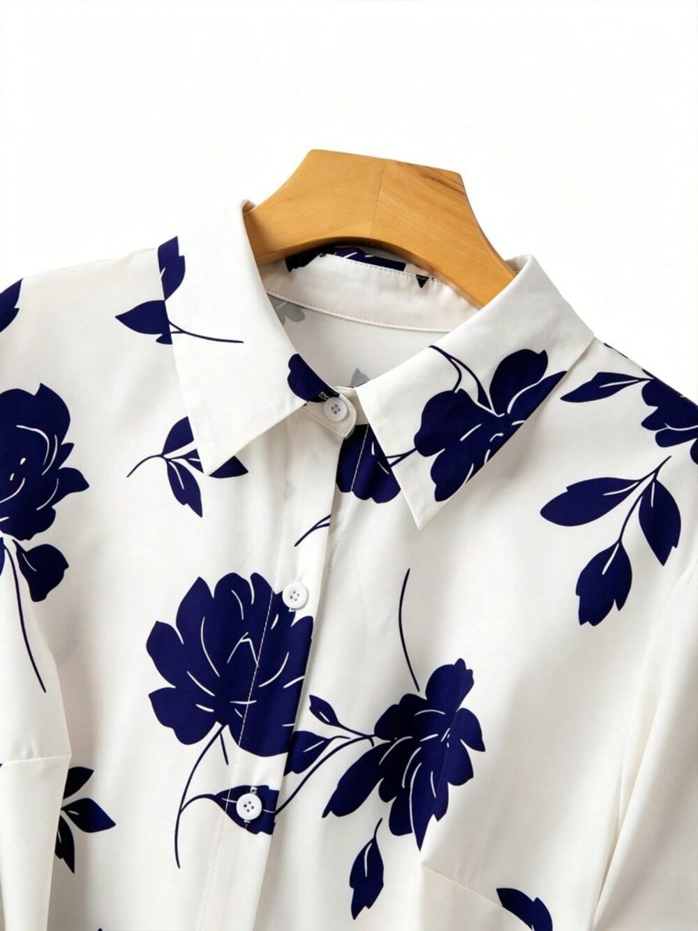 Blue Casual Women's Plus Size Floral Tie Front Long Sleeve Shirt - Picture 4 of 5